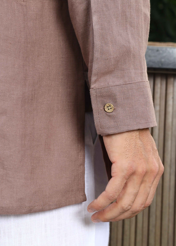 Marvel - Full Sleeve Mandarin Collar Pure Linen Kurta - Toasted Brown