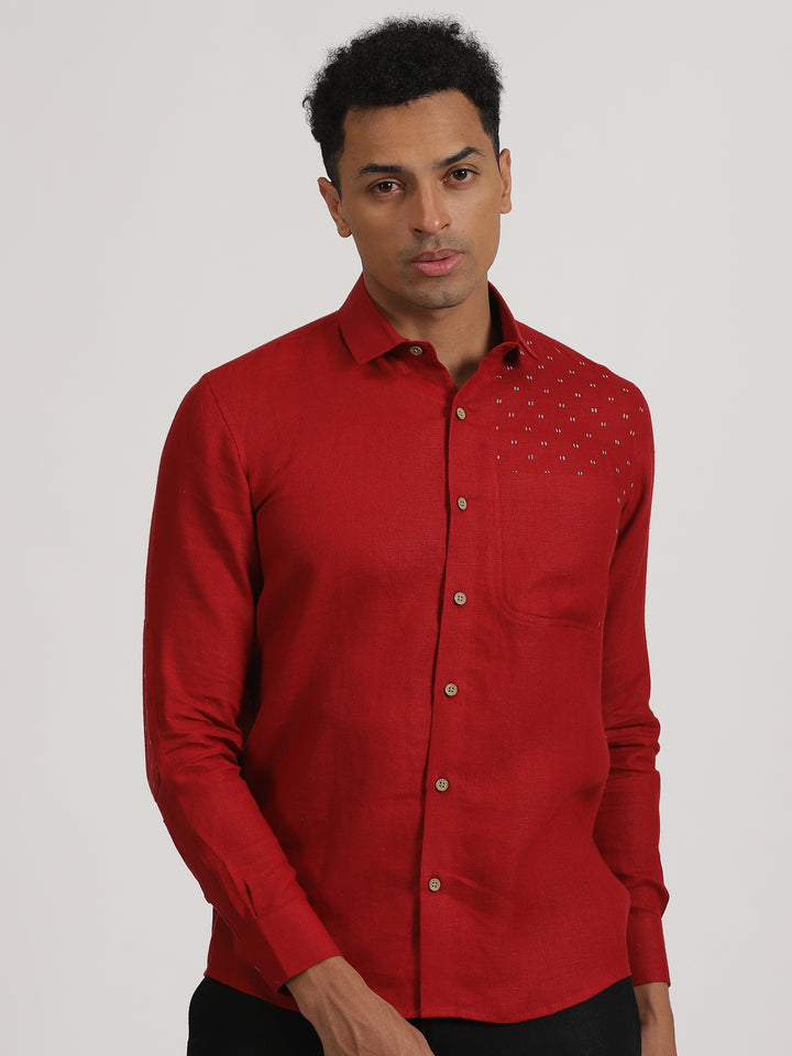 Ryker - Pure Linen Block Printed Dobby Full Sleeve Shirt - Mud Red