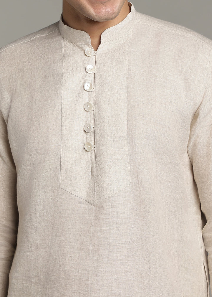 Taj - Pure Linen Long Kurta with Yolk Stitch Detail and Mother Of Pearl Buttons - Ecru