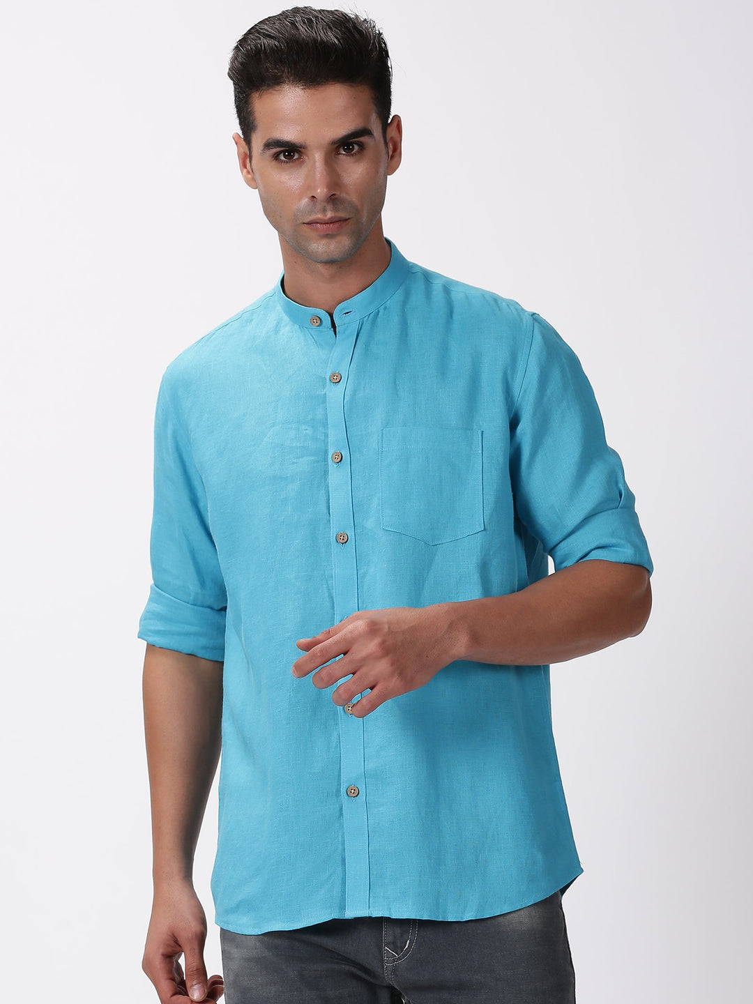 Enzo - Pure Linen Mandarin Collar Full Sleeve Shirt - Aqua Blue | Rescue