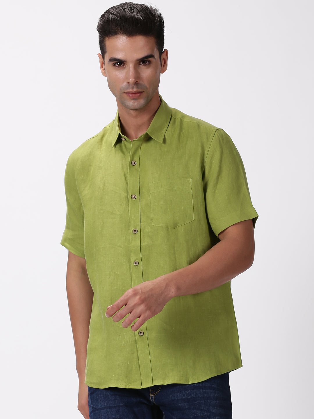 Kian - Pure Linen Regular Collar Half Sleeve Shirt - Peridot Green