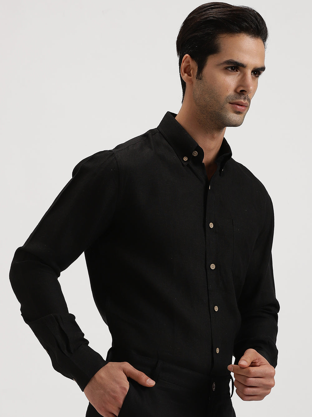 Midnight Chic Set Look | Buttoned Down Black Linen Shirt & Pure Black Trousers
