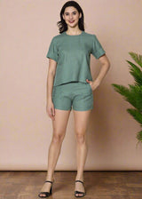 Ava - Pure Linen Short Sleeve With Shorts Co-ord Set - Smoke Green