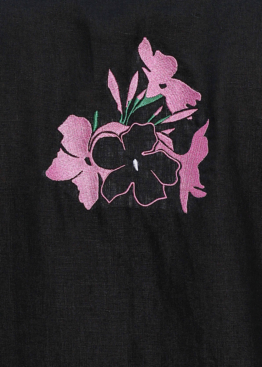 Man wearing a 100% pure linen black long kurta with pink floral design on the back in 60 LEA