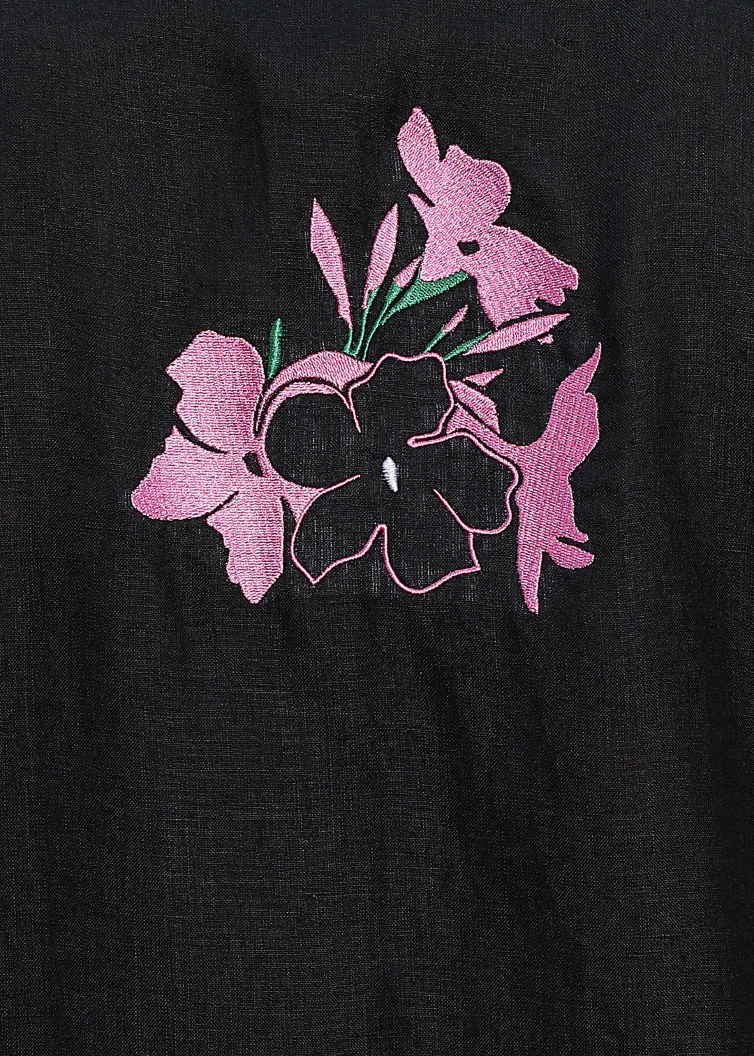 Man wearing a 100% pure linen black long kurta with pink floral design on the back in 60 LEA