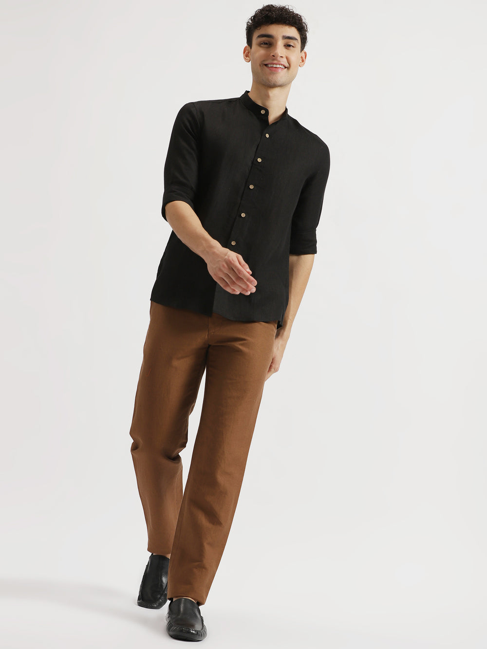 Ronan - Pure Linen Mandarin Collar Full Sleeve Shirt - Black