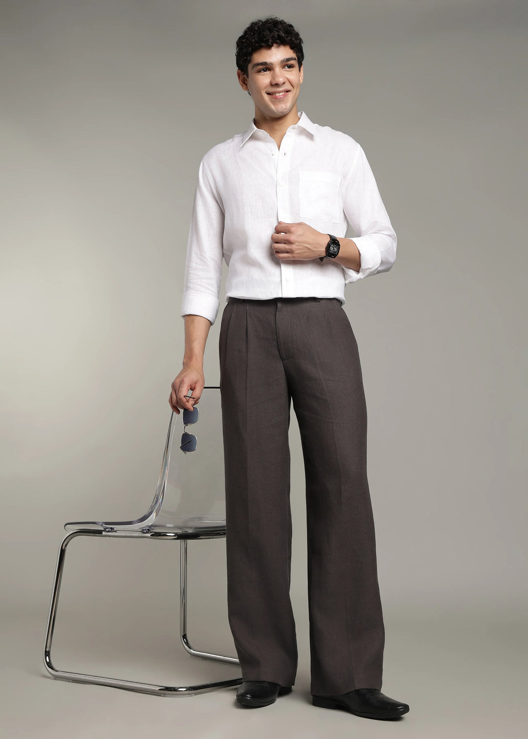 Ashford - Pure Linen Double Pleated High Waisted Trousers - Fossil Grey