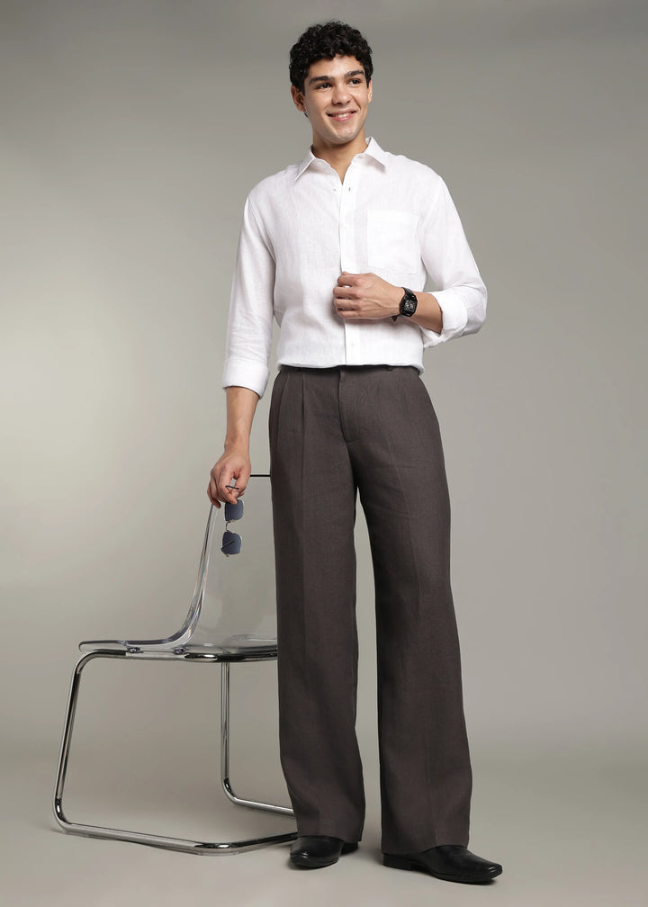 Ashford - Pure Linen Double Pleated High Waisted Trousers - Fossil Grey