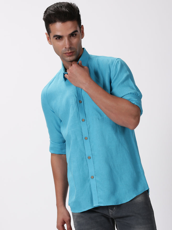 Kian - Pure Linen Regular Collar Full Sleeve Shirt - Aqua Blue