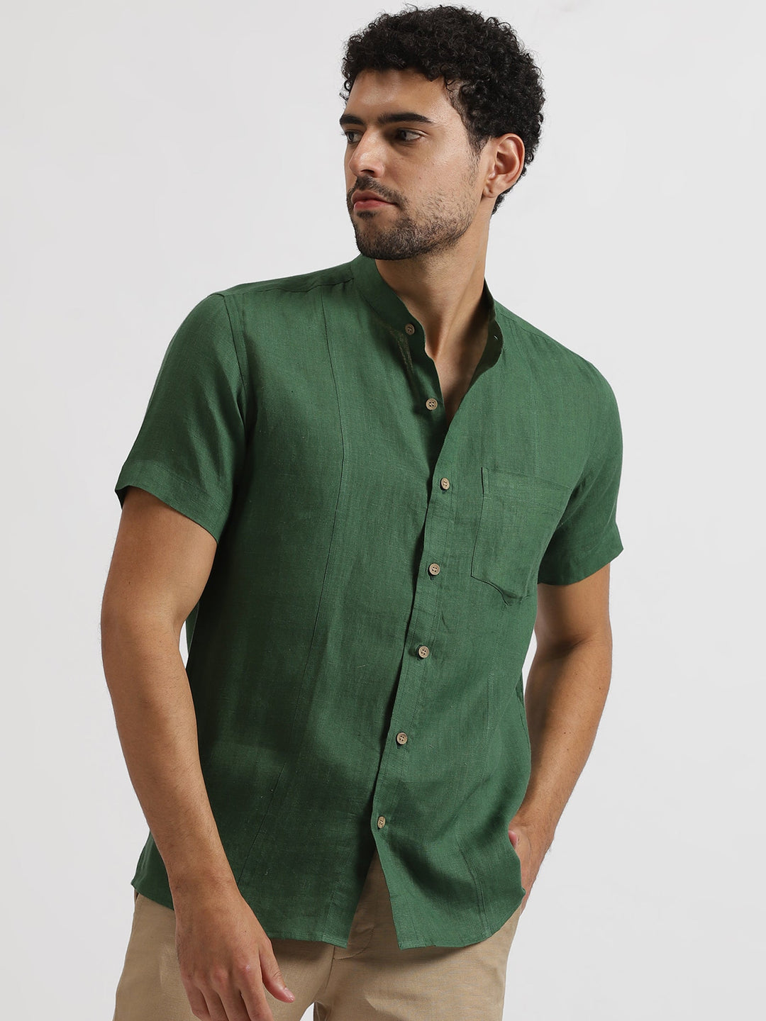 Trevor - Pure Linen Mandarin Collar Half Sleeve Shirt - Dark Green | Rescue