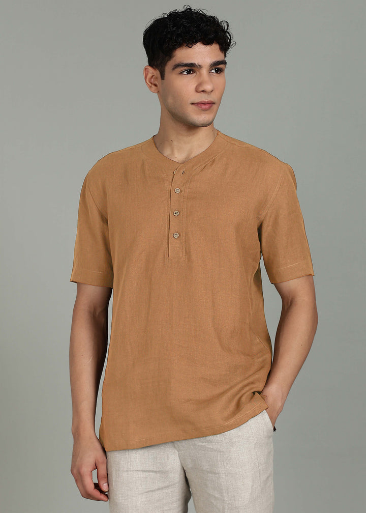 Ruben - Pure Linen Baseball Jersey Neckline T-Shirt - Mustard Brown