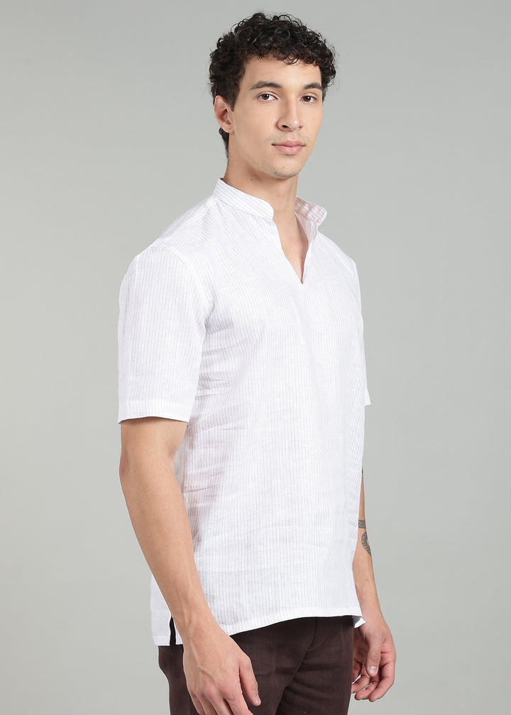 Zodiac - Pure Linen Mandarin Collar Relaxed T-Shirt - Brown Pinstripe