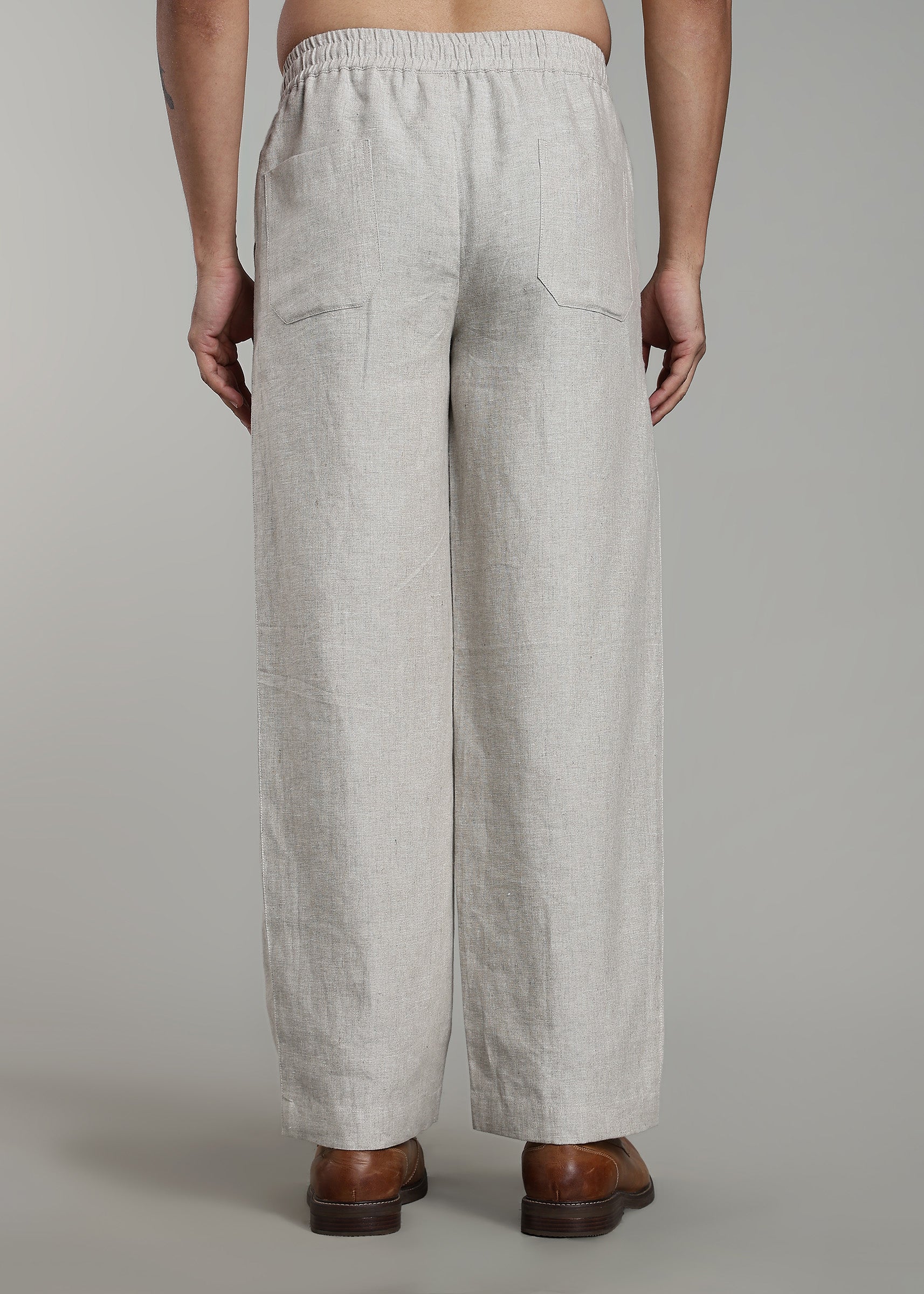 Ecru Pure Linen Relaxed Fit Trousers with Elastic Waistband and