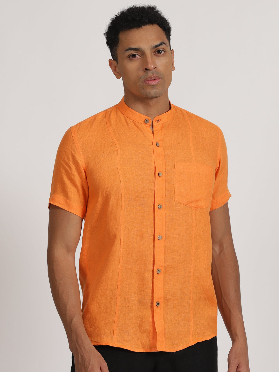 Trevor - Pure Linen Mandarin Collar Half Sleeve Shirt - Beer Orange | Rescue