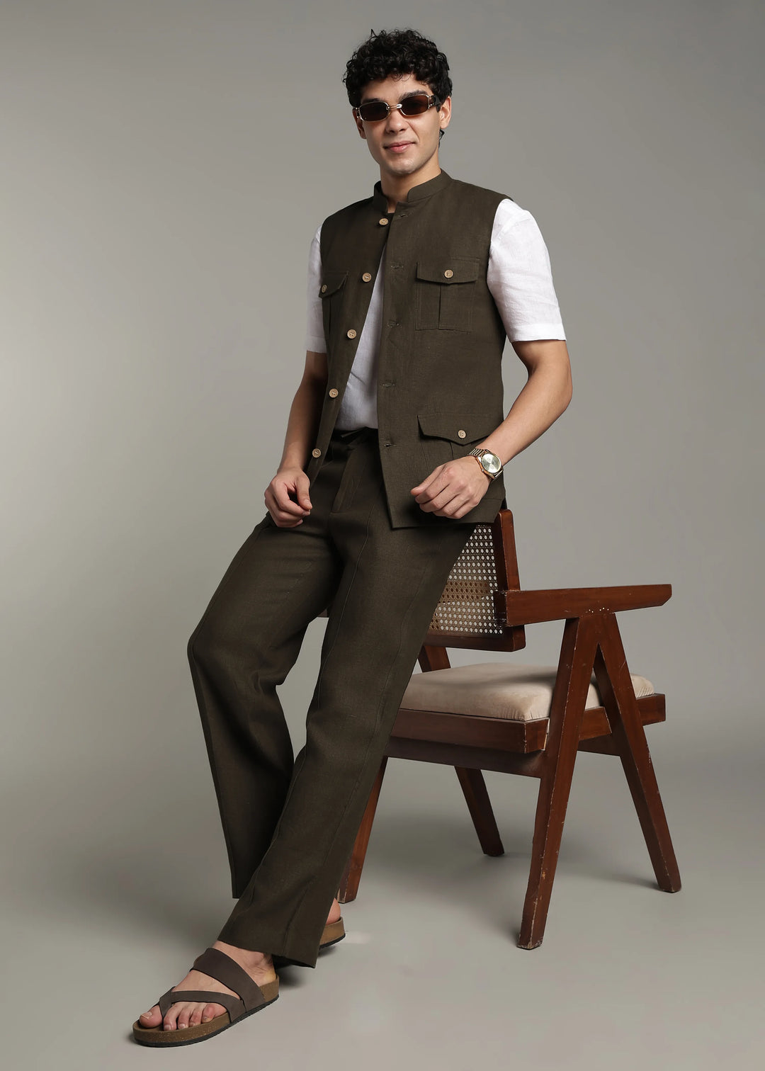 Safar - Multi Pocket Pure Linen Nehru Jacket - Camo Green