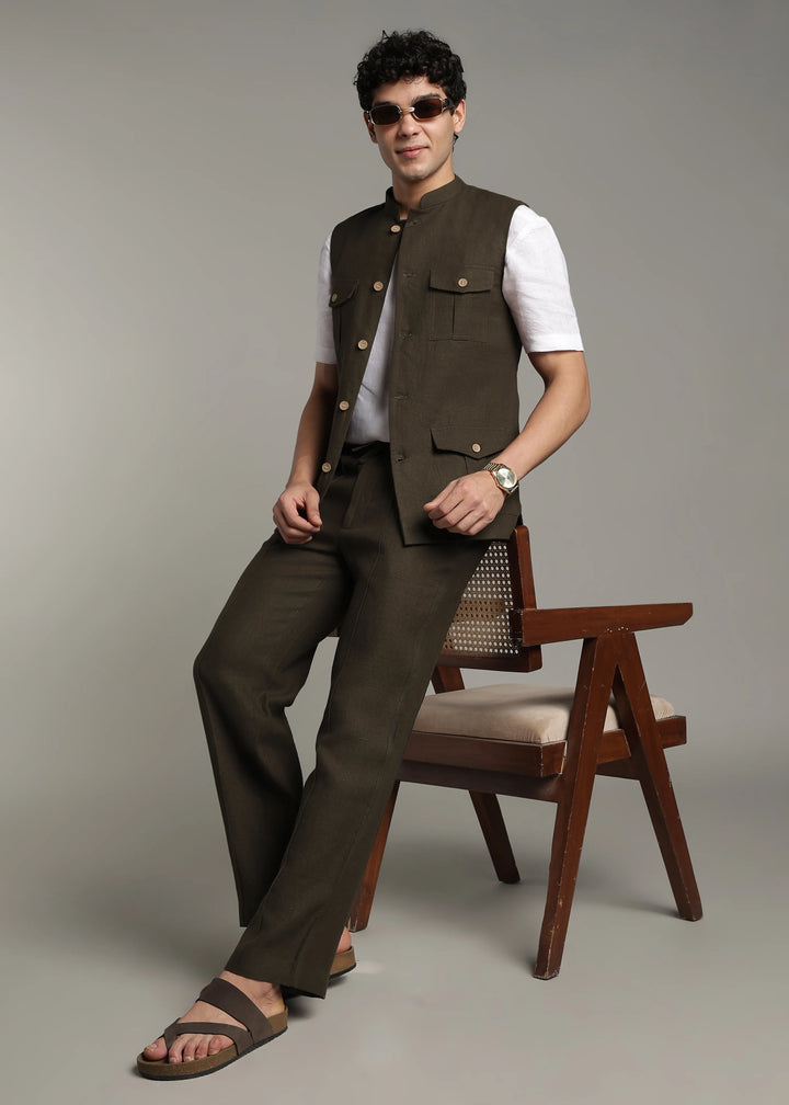 Safar - Multi Pocket Pure Linen Nehru Jacket - Camo Green