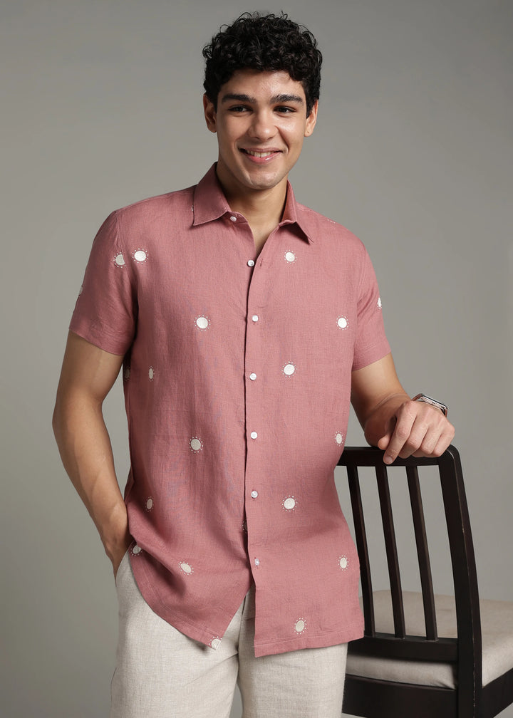 Dot - Pure Linen Embroidered Half Sleeve Shirt - Dusty Pink