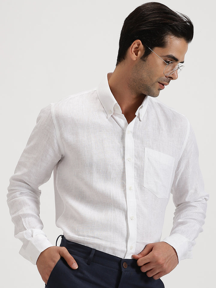 Austin - Pure Linen Button Down Full Sleeve Shirt - White