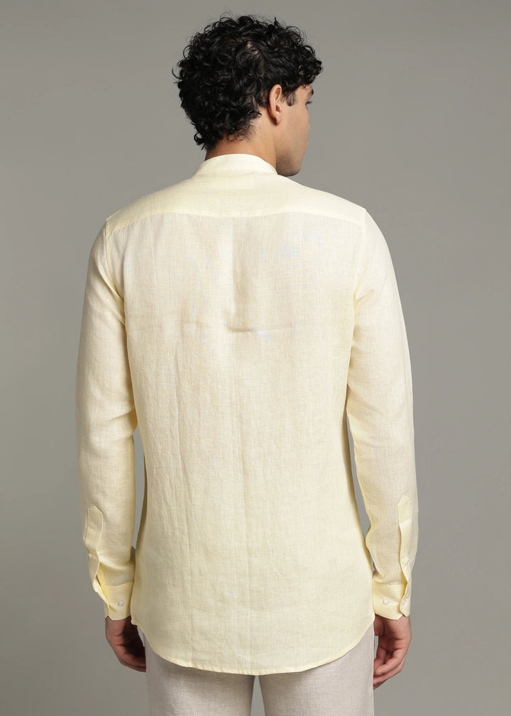Zephr - Pure Linen Mandarin Collar Lace Detail Full Sleeve Shirt - Light Yellow