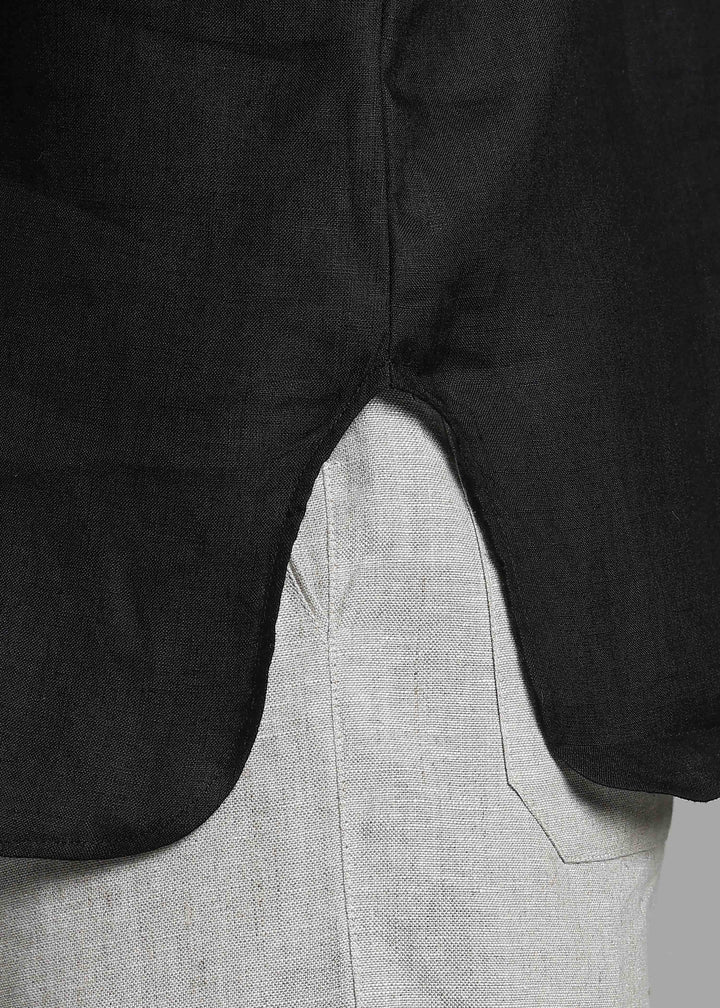 Sora - Three Quarter Sleeve Pure Linen Short Kimono Kurta - Black