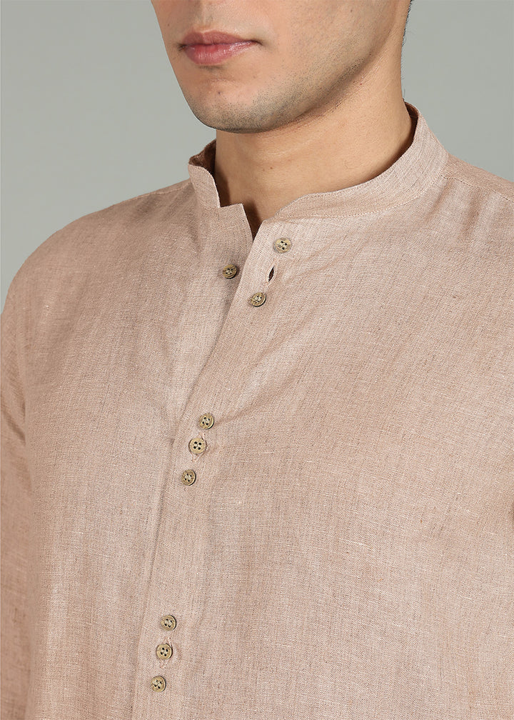 Flint - Pure Linen Shirt with Mandarin Collar & Trio Button Detail - Oakwood Brown
