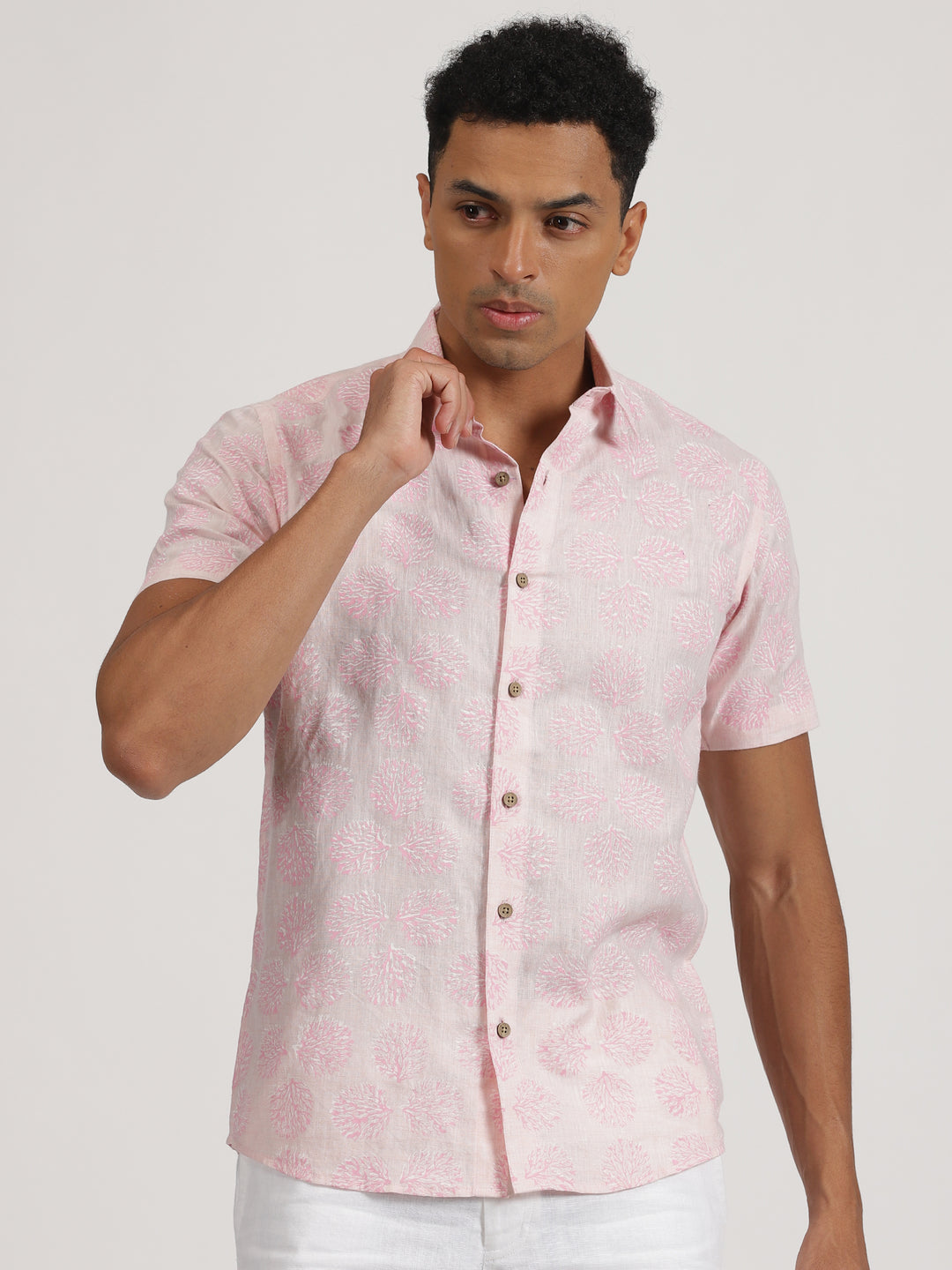 Island Blush Look | Light Pink Hand Block Printed Shirt & Pure White Trousers
