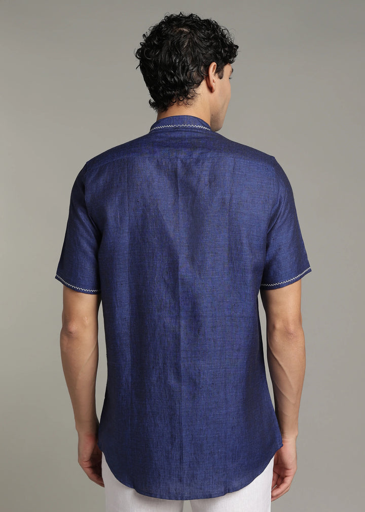 Oram - Pure Linen Half Sleeve Shirt - Prussian Blue