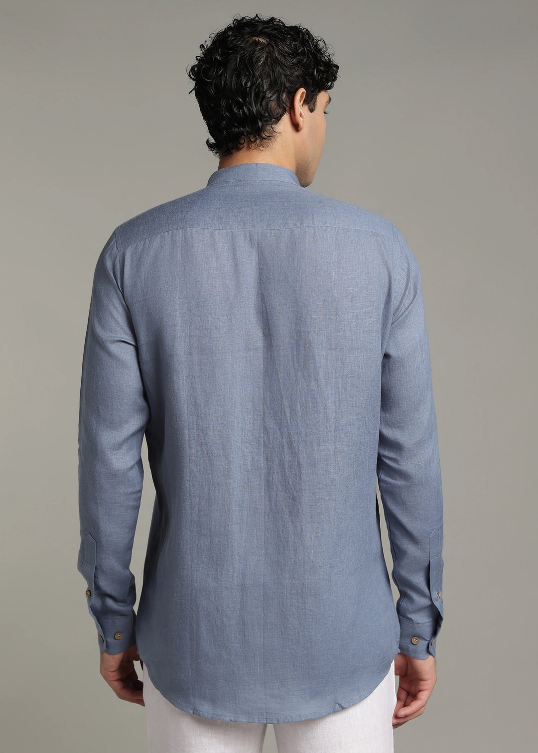 Archer - Pure Linen Mandarin Collar Pleat Detail Full Sleeve Shirt - Blue Grey