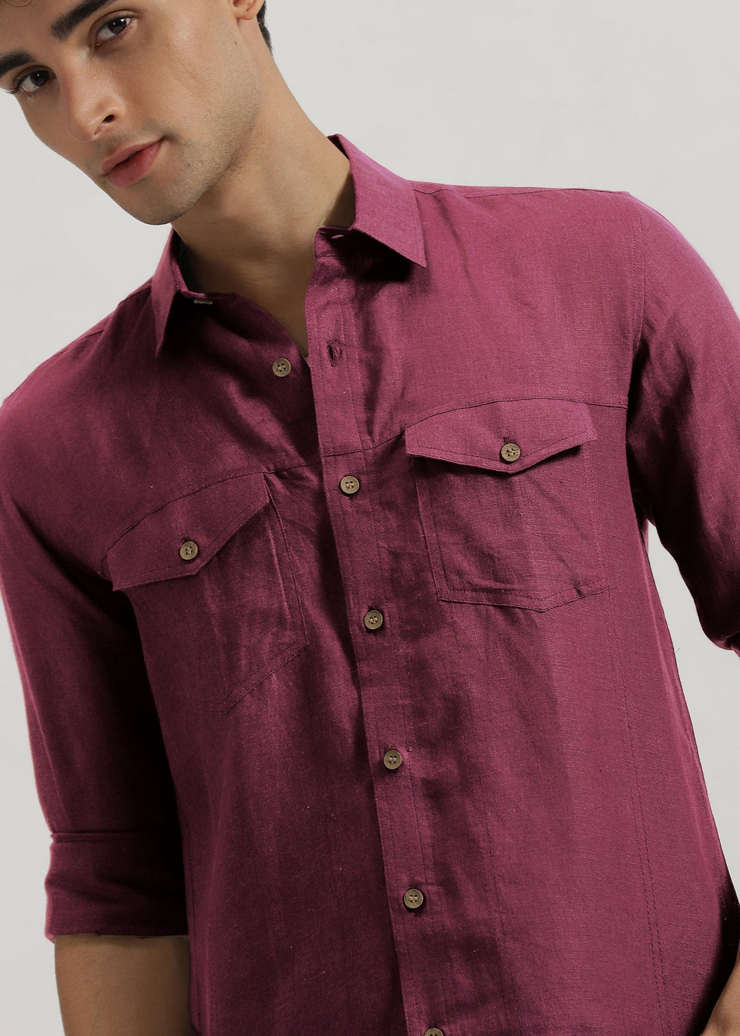 Thomas - Pure Linen Double Pocket Full Sleeve Shirt - Twilight Purple