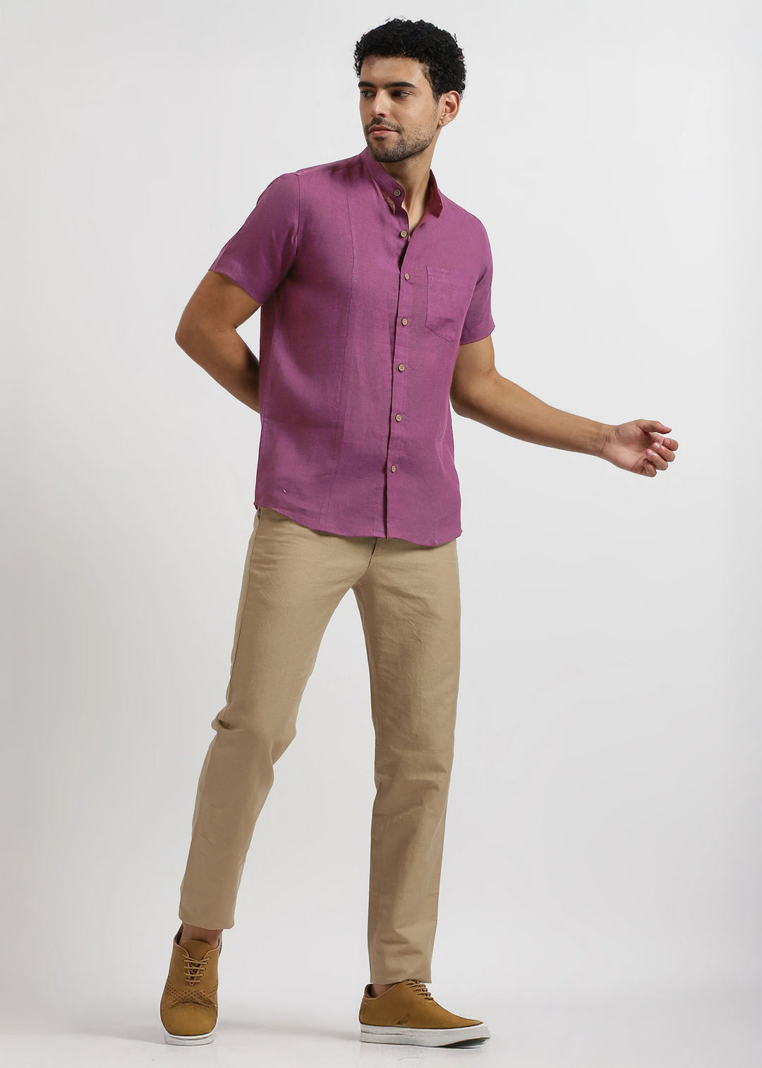 Trevor - Pure Linen Mandarin Collar Half Sleeve Shirt - Berry Purple
