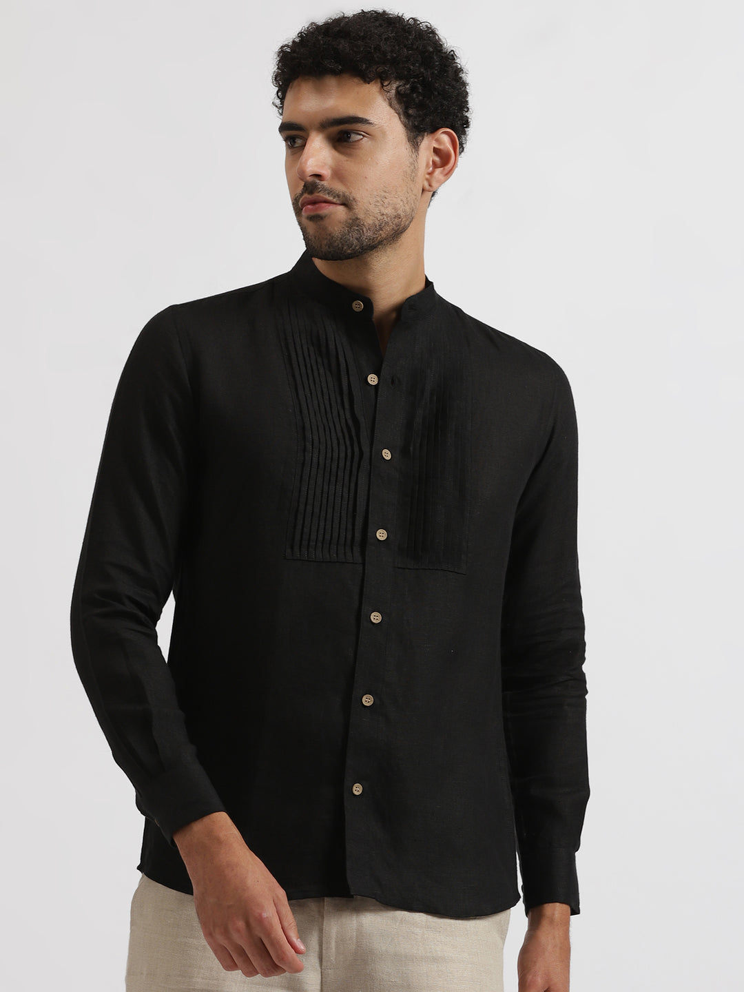 Rickson - Pure Linen Pleat Detailed Full Sleeve Shirt - Black