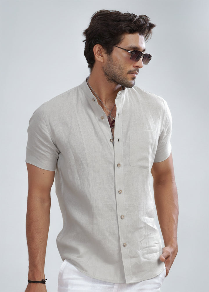 Trevor - Pure Linen Mandarin Collar Half Sleeve Shirt - Light Grey