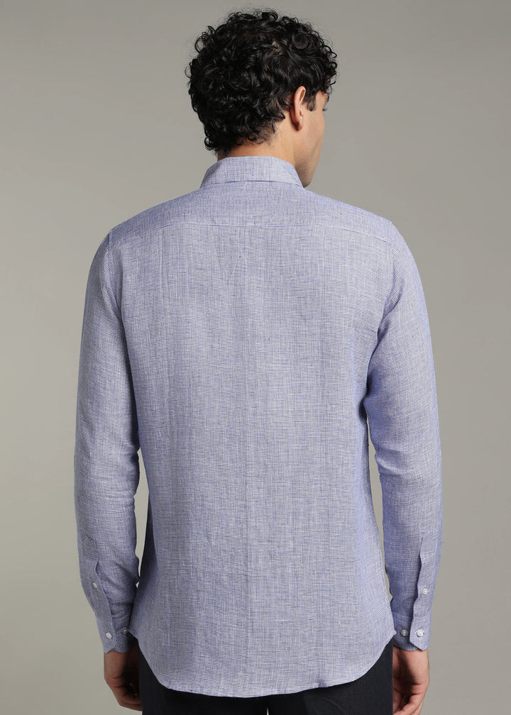 Harvey - Pure Linen Full Sleeve Shirt - Blue Houndstooth