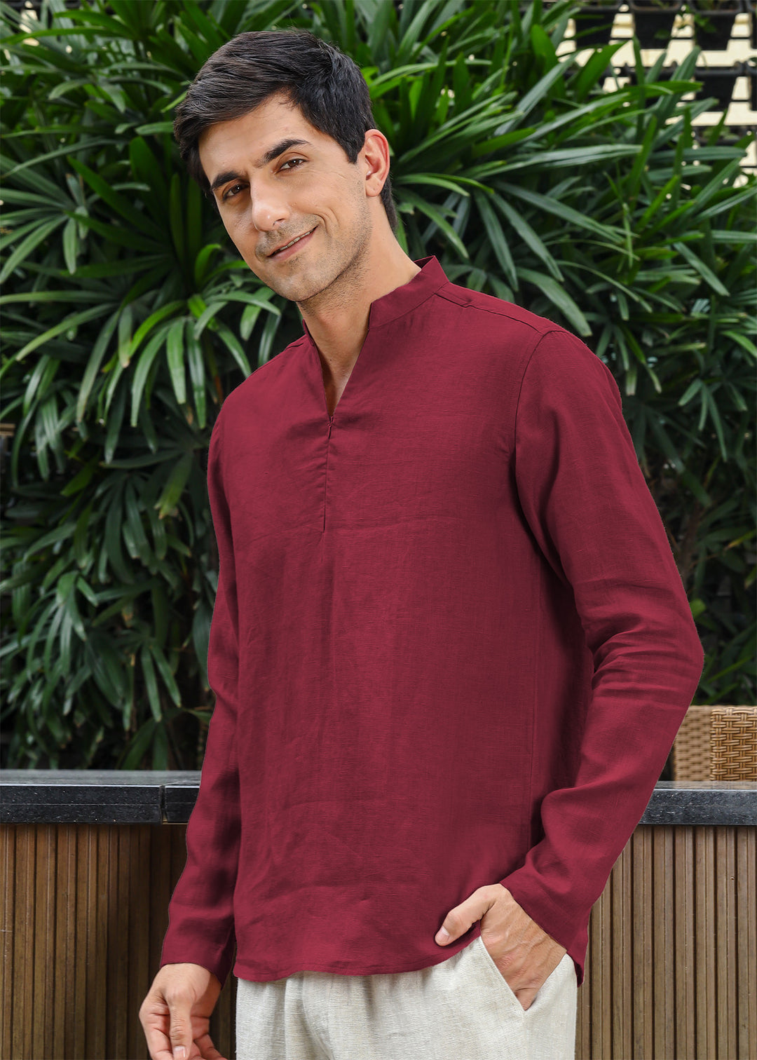 Arnav - Full Sleeve Broad-Notched Collar Pure Linen Short Kurta - Red Wine
