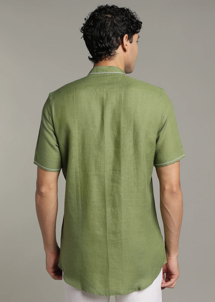 Oram - Pure Linen Half Sleeve Shirt - Cossack Green
