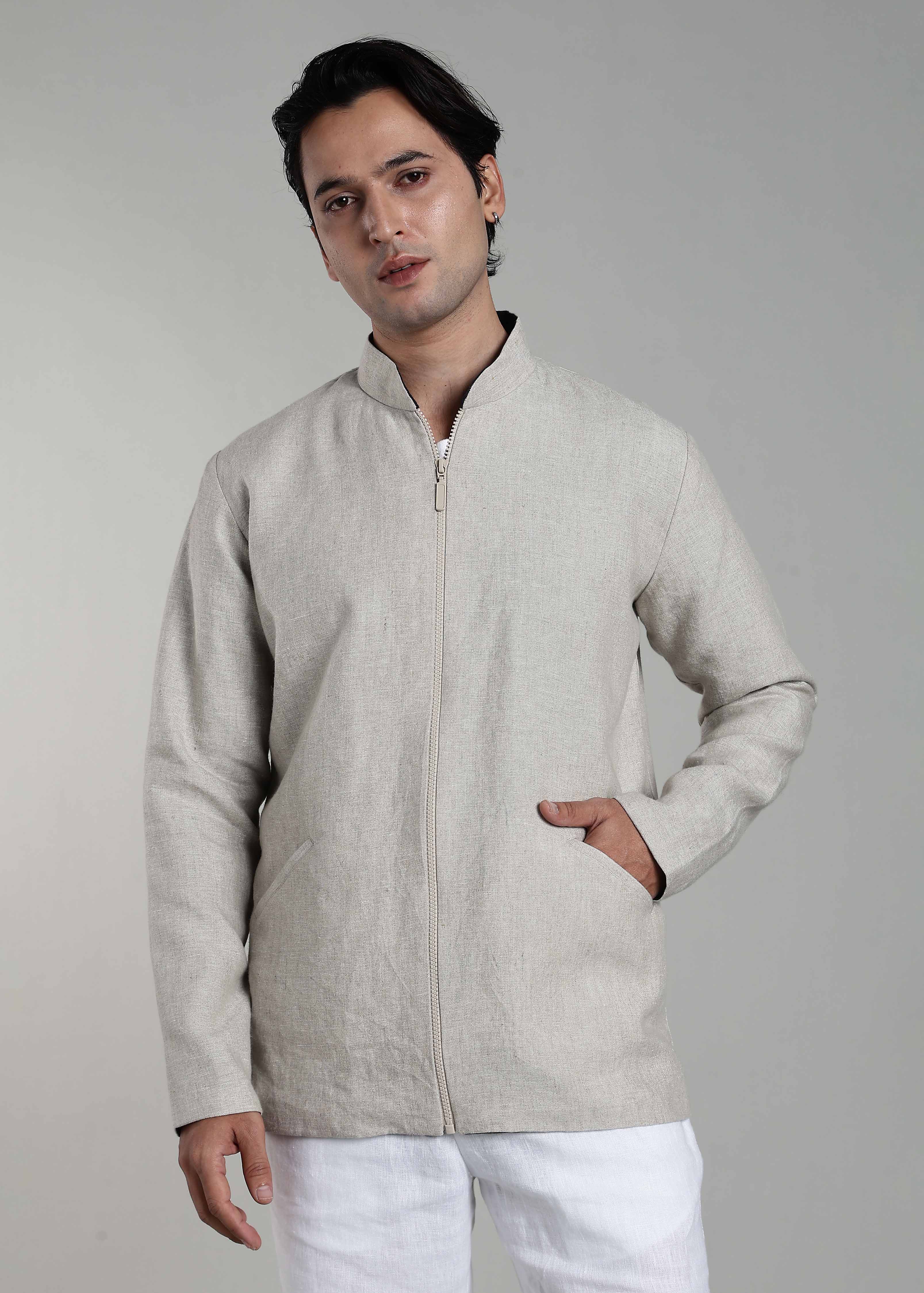 Ecru and Regal Blue Pure Linen Reversible Jacket for Men – Linen Trail
