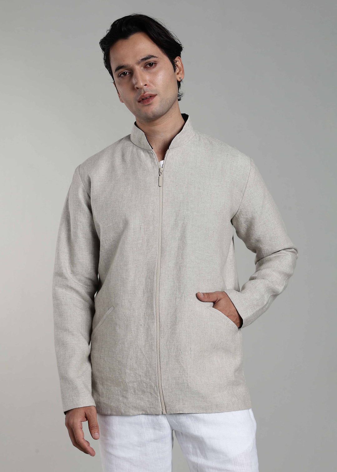 Flux - Pure Linen Reversible Jacket - Ecru and Regal Blue