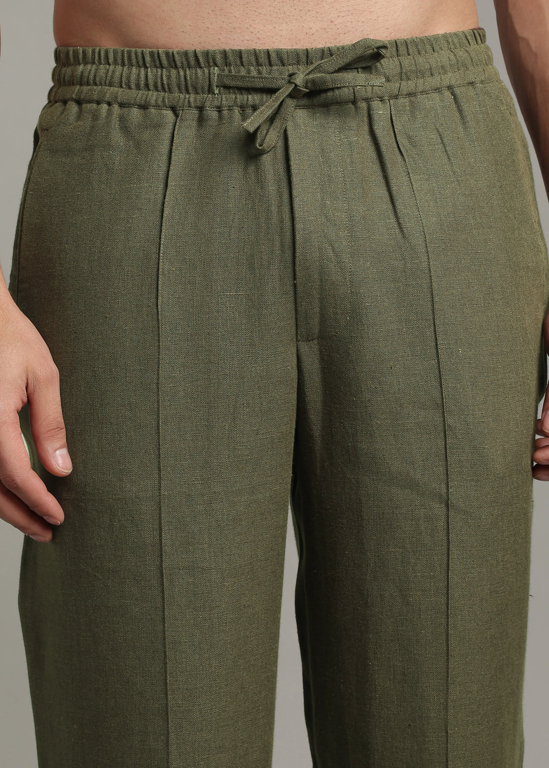 Art Pants - Pure Linen Elastic Casual Pants with Drawstrings - Military Green