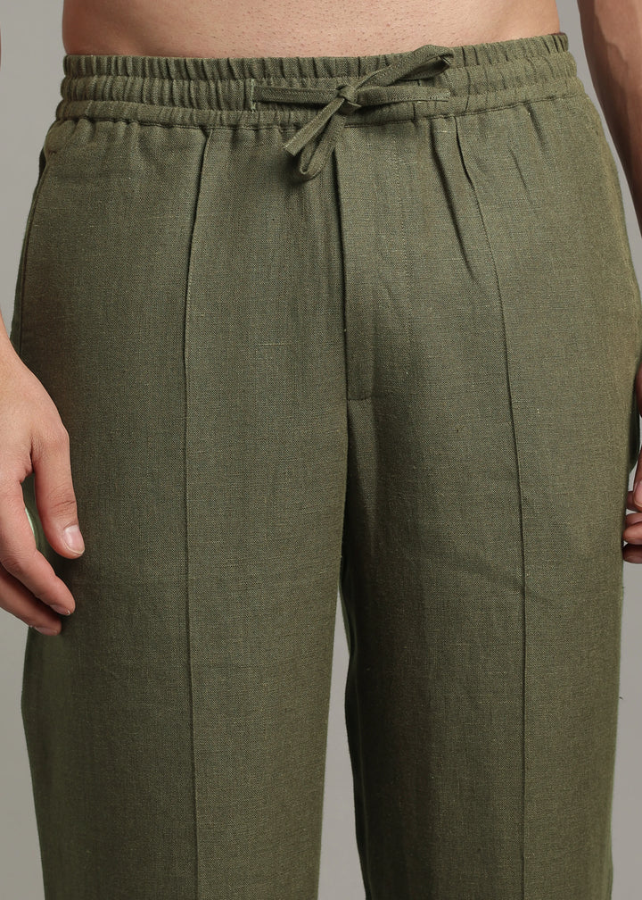 Art Pants - Pure Linen Elastic Casual Pants with Drawstrings - Military Green