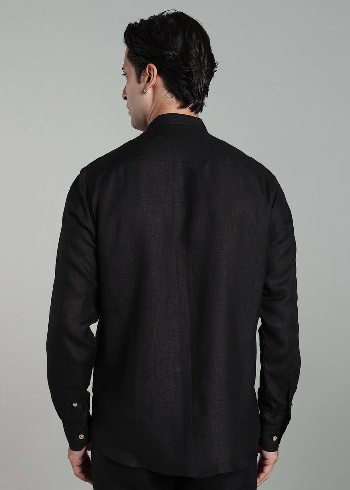 Craig - Pure Linen V Neck Full Sleeve Shirt - Black