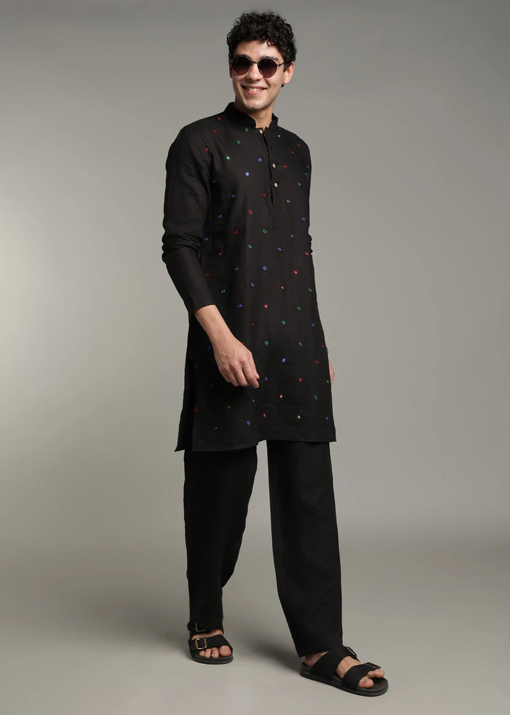 Aaina - Pure Linen Mirror Embroidered Regular Kurta - Black