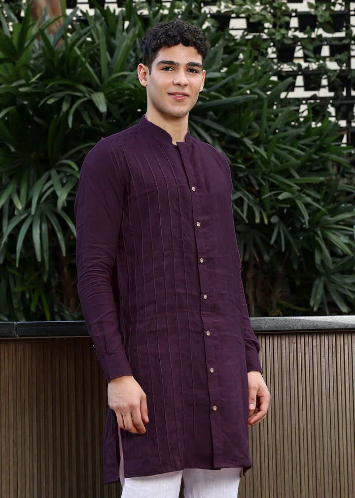 Ryan - Full Sleeve Band Collar Pure Linen Kurta with Pintuck Detailing - Dark Purple