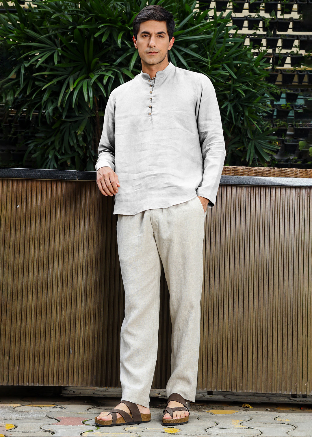 Shurta - Pure Linen Full Sleeve Short Kurta Shirt - Cloud White