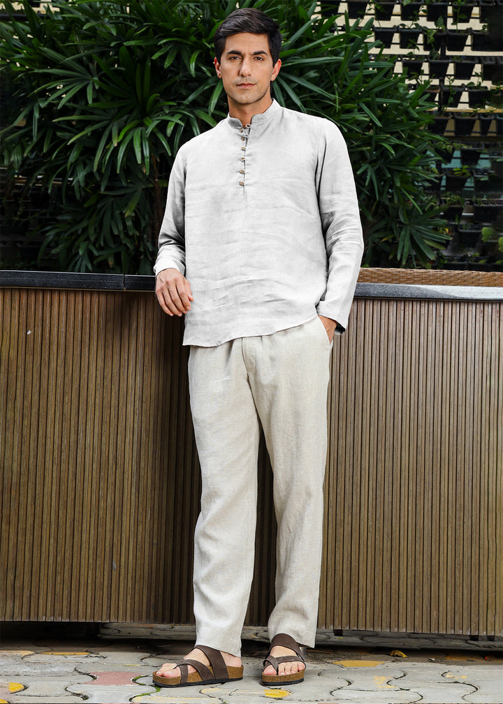 Shurta - Pure Linen Full Sleeve Short Kurta Shirt - Cloud White