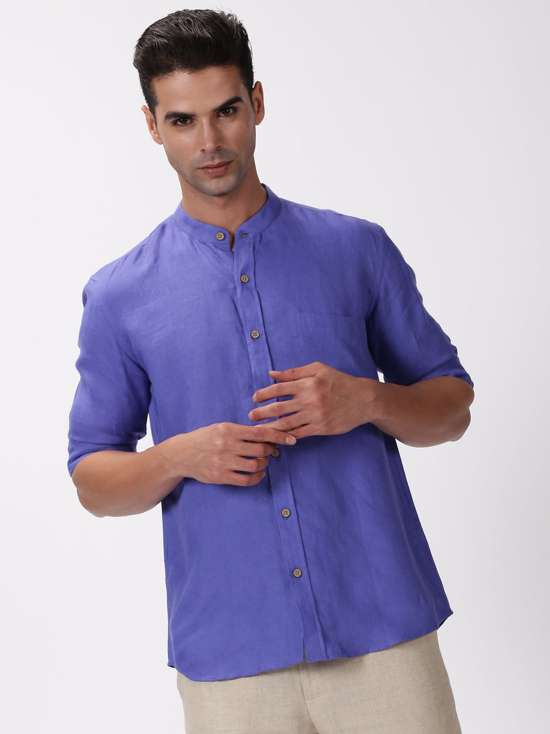 Enzo - Pure Linen Mandarin Collar Full Sleeve Shirt - Iris Purple | Rescue