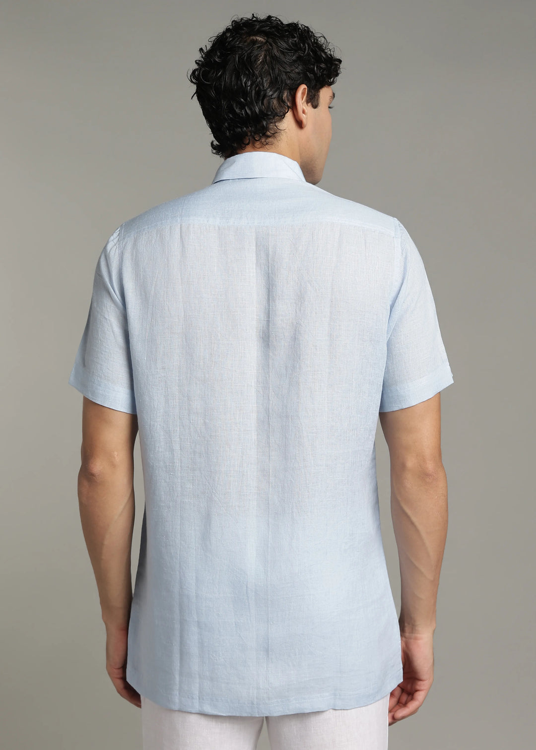 Mitch - Pure Linen Half Sleeve Stitch Detailed Checks Shirt - Sky Blue