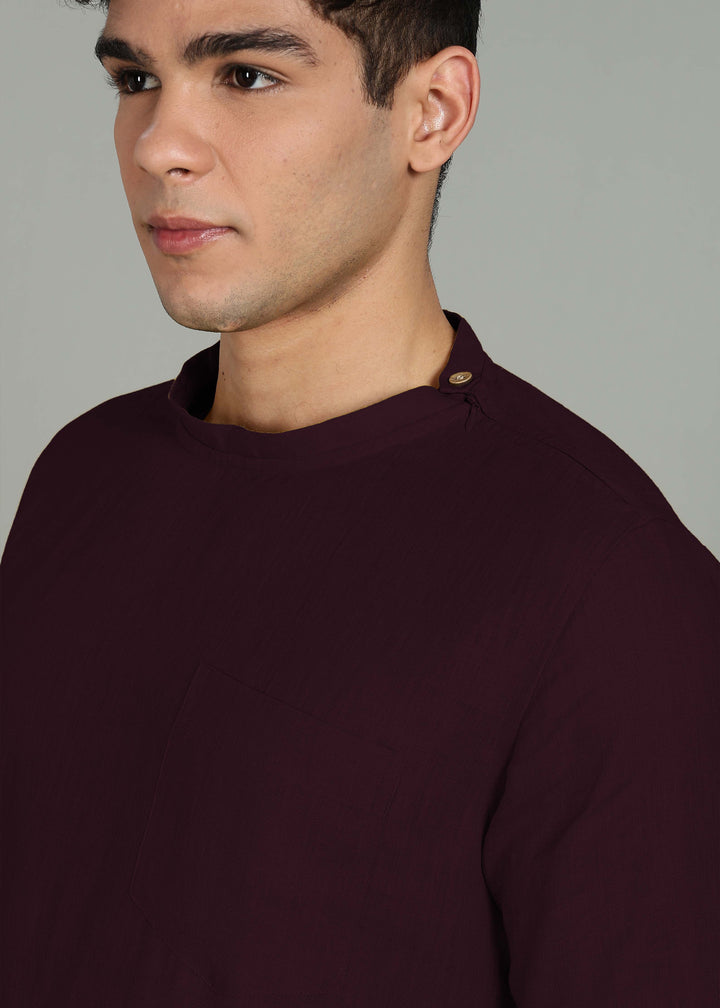 Ash - Pure Linen Mandrin Collar T-Shirt - Dark Purple