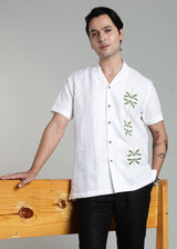 Bayu - Pure Linen Half Sleeve Cuban Collar Shirt with Dragonfly Embroidery - White