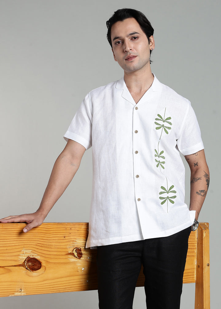Bayu - Pure Linen Half Sleeve Cuban Collar Shirt with Dragonfly Embroidery - White