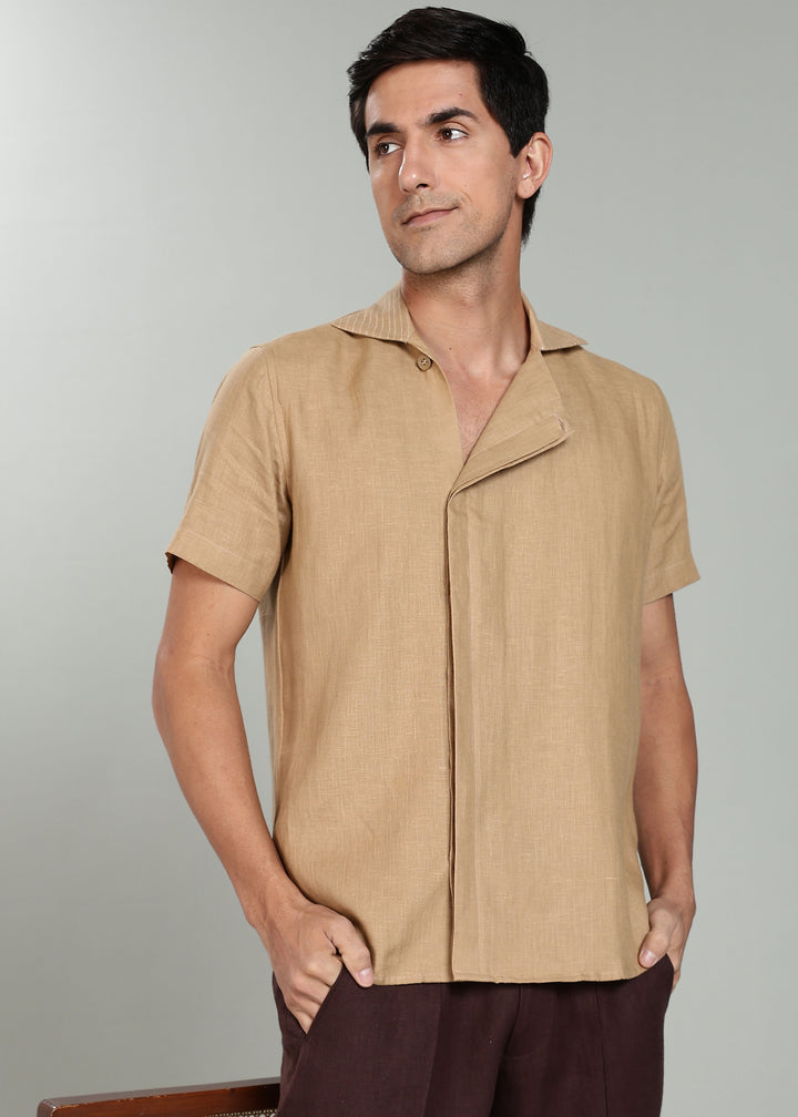 Sean Shirt - Pure Linen Half Sleeve Shirt with Concealed Placket - Oakwood Brown